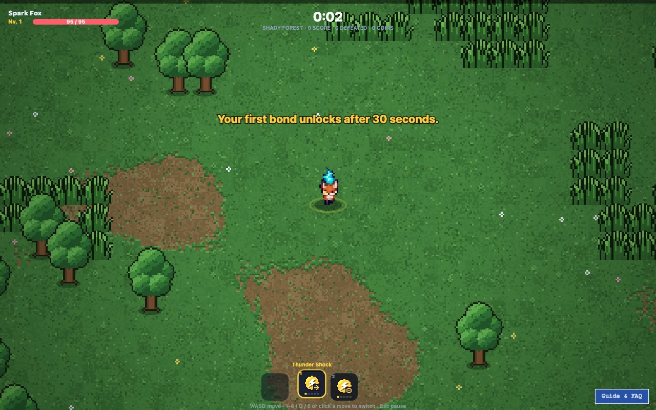 Poke Survivor classic survival with Spark Fox, an experience bar, health bar and active attack slot.