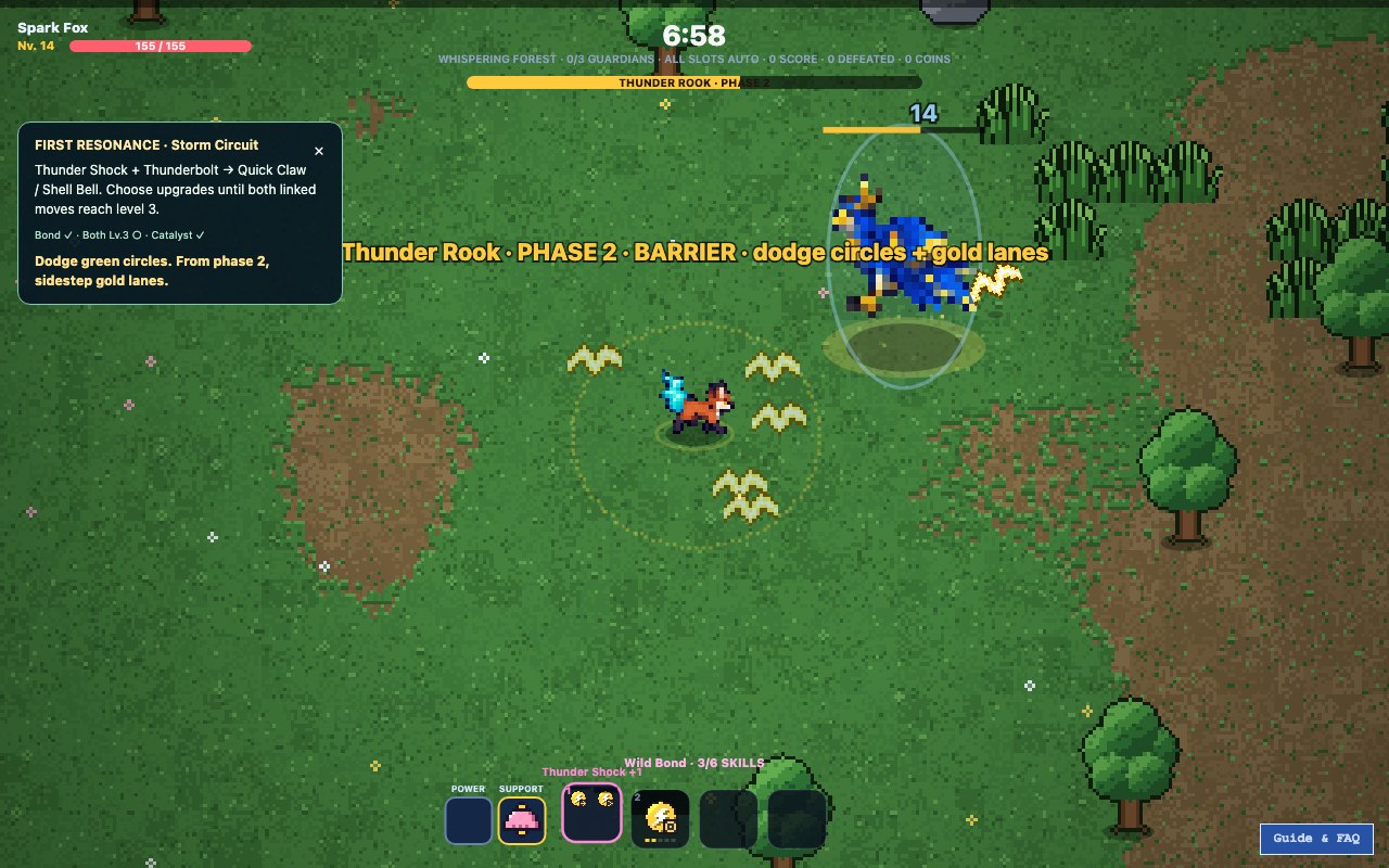 Forest expedition combat showing the first-resonance checklist and visible guardian attack warnings.