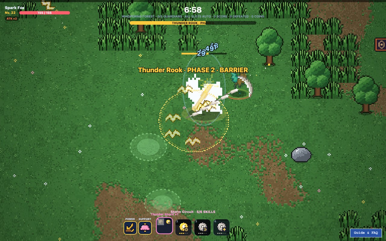 Spark Fox fighting a phased forest guardian with four automatic skill slots, two equipped items and Storm Circuit resonance.