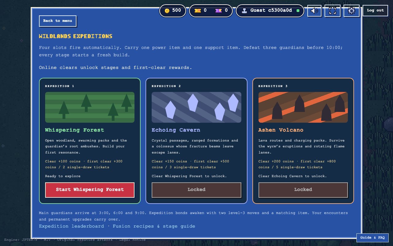 The forest, crystal cavern and volcano expedition map cards, with sequential unlocks and first-clear rewards.