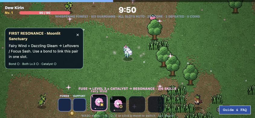 Dew Kirin using Fairy attacks during a Whispering Forest expedition.