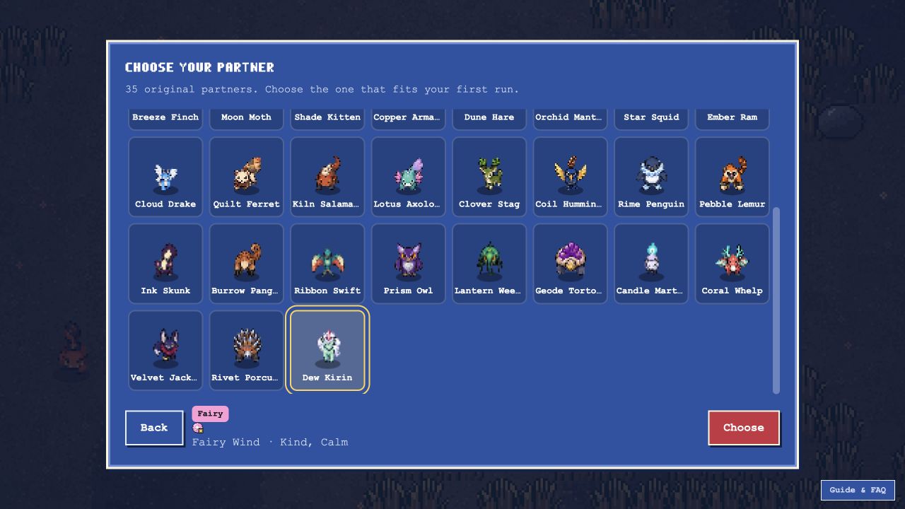 The expanded partner selection, with new original creatures and Dew Kirin selected.